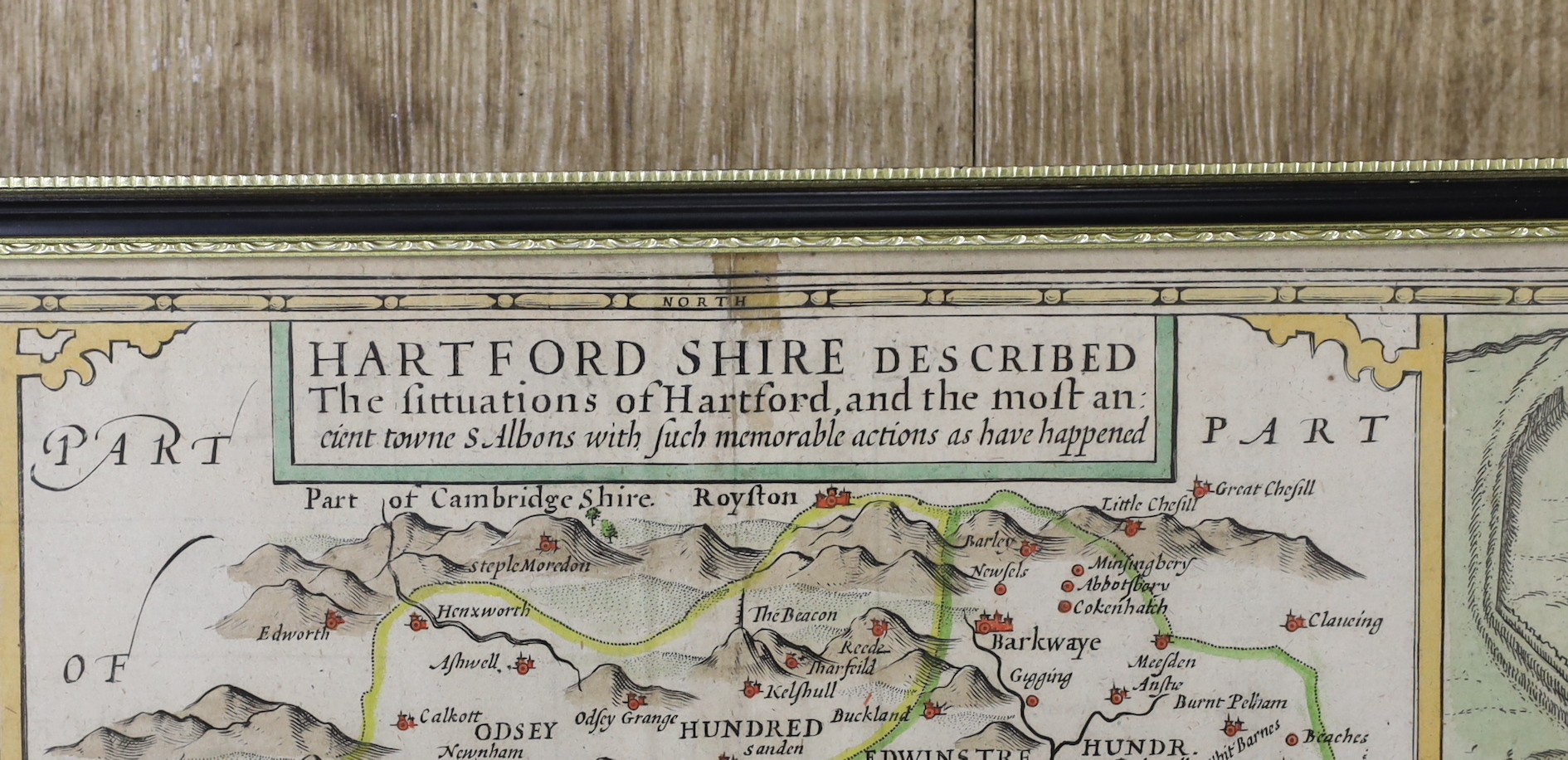 John Speede, coloured engraving, map of Hertfordshire, 39 x 50cm